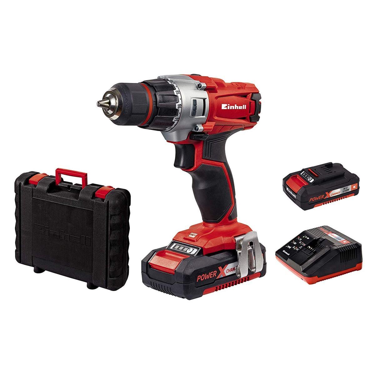 Einhell TE-CD 18/2 Li Kit (2x1,5 Ah) Trapano a Batteria, 12 W, 18 V, Nero, Grigio, Rosso, 3/8_pollice STANDARD
