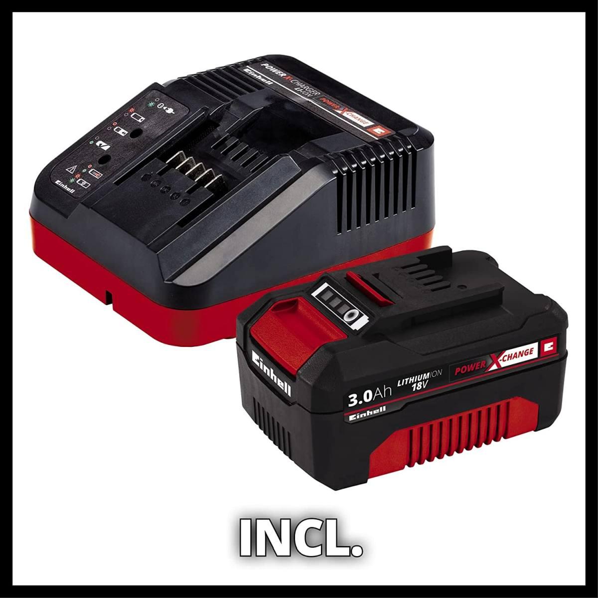 Einhell GE-LC 18/25 Li Kit (1x3,0Ah) Elettrosega a batteria Power X-Change (18 V, 3,0 Ah, Li-Ion, barra 25 cm, velocità catena 4,3 m/s, incl. Batteria da 3,0 Ah e caricabatteria) +