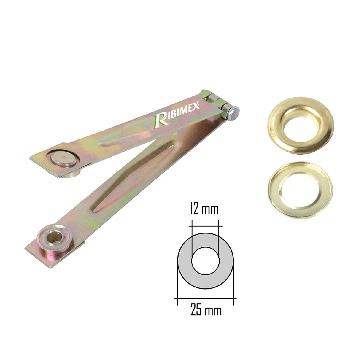 Pinza per occhielli in acciaio zincato+ 50 occ.ott Ø int.mm 12, est.mm 25.