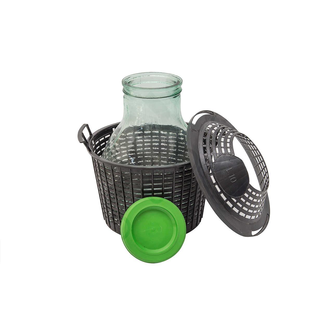 Damigiana vetro bocca larga 10lt. rivestita in plastica s/tappo