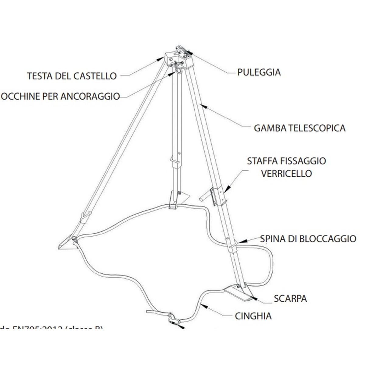 TREPPIEDE-TRIPODE GAMBE TELESCOPICHE  REGOLABILE MAX 215 CM COMPRESO DI PARANCO VERRICELLO DA RECUPERO 20 MT<br />