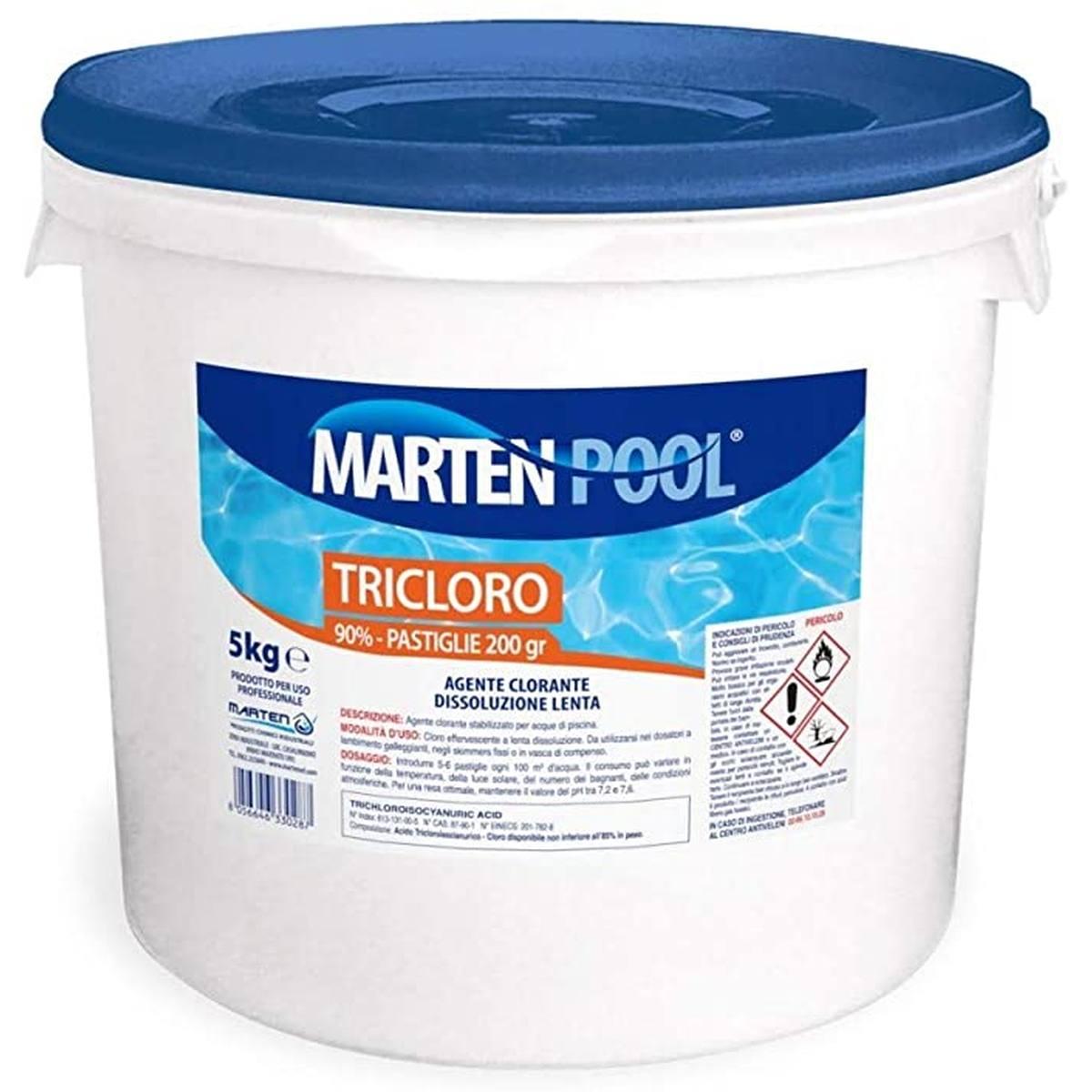 Tricloro pastiglie 90%  past.gr.200 da 5 kg.