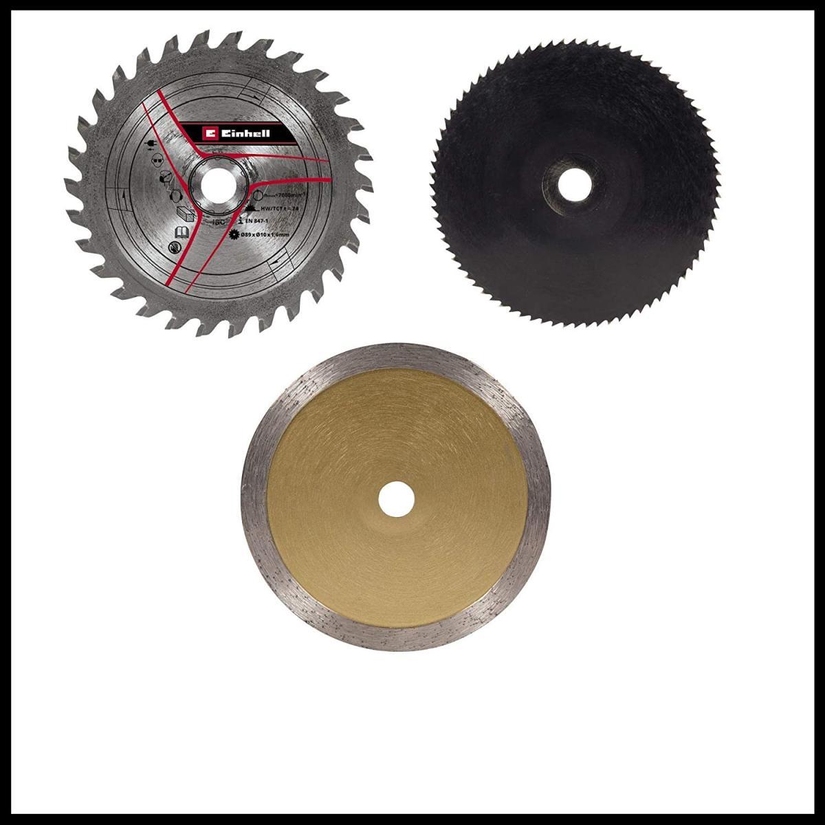 Einhell tc-cs 89 kit mini sega circolare manuale (tensione 230 v, 600 w, giri al min. 6000, lama Ø89 x Ø10, taglio max 27 mm, incl. lama legno 20 denti , lama legno 60 denti, lama