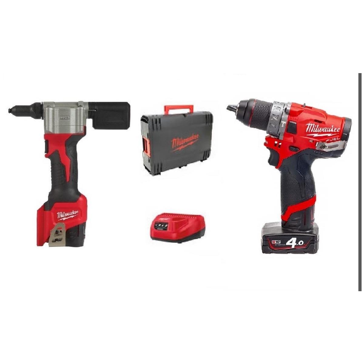 KIT FUEL M12FPP2D-423X TRAPANO CON PERCUSSIONE M12 FPD+2 BATT4 AH<br />+ RIVETTATRICE M12BPRT + 2 BATT 2 AH