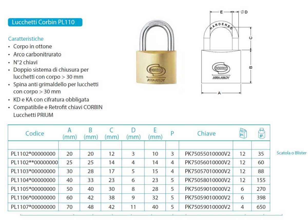 Lucchetto arco in ottone corbin mm 20