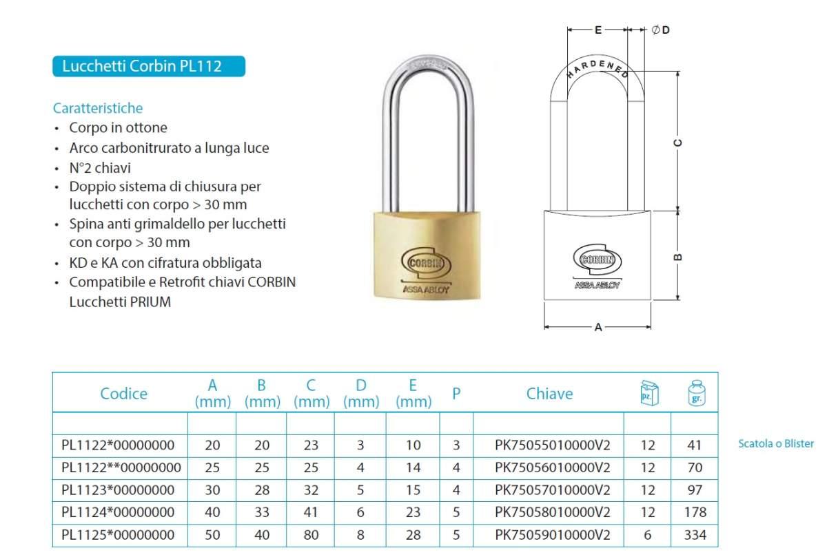 Lucchetto arco in ottone corbin gancio lungo mm 30